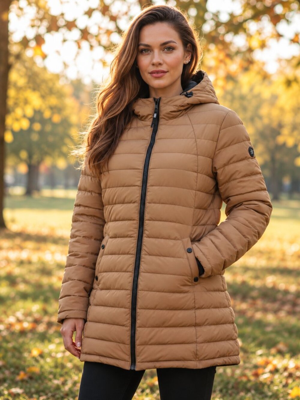 HFX Quilted Puffer Coat 2X Camel Lightweight 3/4 Length Plus Size Jacket